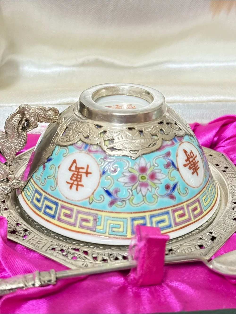 Vintage Famille Rose Tea Cup Saucer Set Pure Silver & Porcelain In Original Box